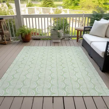 9' X 12' Mint Green And Beige Ogee Washable Indoor Outdoor Area Rug