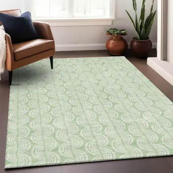 10' X 14' Mint Green And Beige Ogee Washable Indoor Outdoor Area Rug