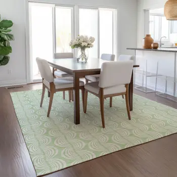 10' X 14' Mint Green And Beige Ogee Washable Indoor Outdoor Area Rug