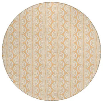 8' Peach And Beige Round Ogee Washable Indoor Outdoor Area Rug