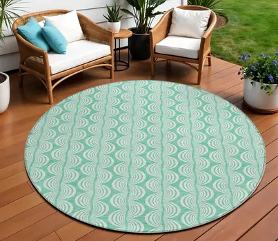 8' Blue And Ivory Round Ogee Washable Indoor Outdoor Area Rug