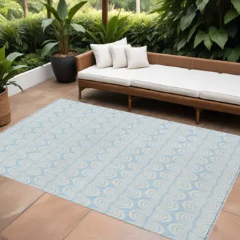 8' X 10' Sky Blue And Beige Ogee Washable Indoor Outdoor Area Rug