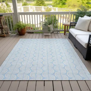 8' X 10' Sky Blue And Beige Ogee Washable Indoor Outdoor Area Rug