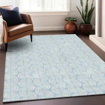 8' X 10' Sky Blue And Beige Ogee Washable Indoor Outdoor Area Rug