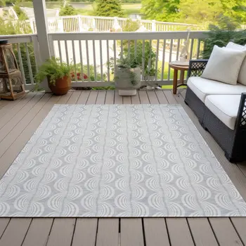 9' X 12' Silver And Ivory Ogee Washable Indoor Outdoor Area Rug