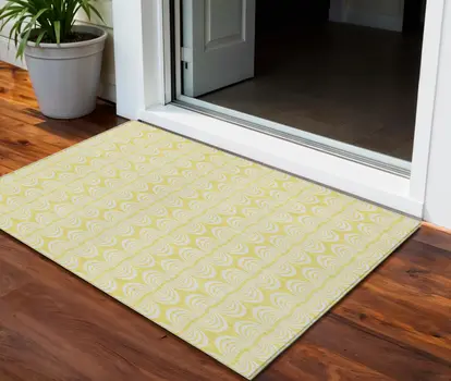 3' X 5' Yellow And Beige Ogee Washable Indoor Outdoor Area Rug