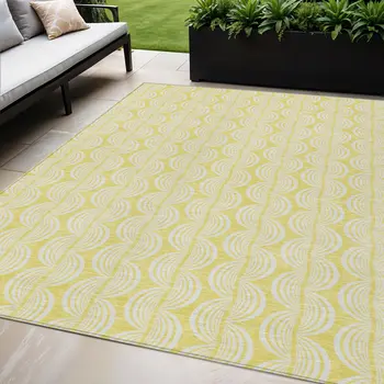 5' X 8' Yellow And Beige Ogee Washable Indoor Outdoor Area Rug