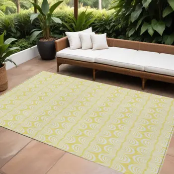 10' X 14' Yellow And Beige Ogee Washable Indoor Outdoor Area Rug