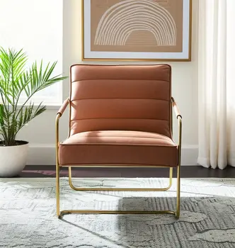 25" Brown and Gold Faux Leather Lounge Chair