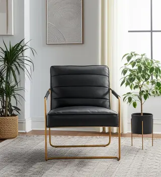 25" Black and Gold Faux Leather Lounge Chair
