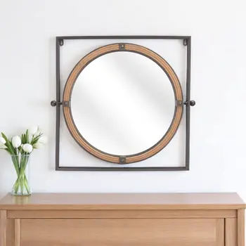 22" Gray And Natural Steel And Rope Geo Framed Accent Mirror