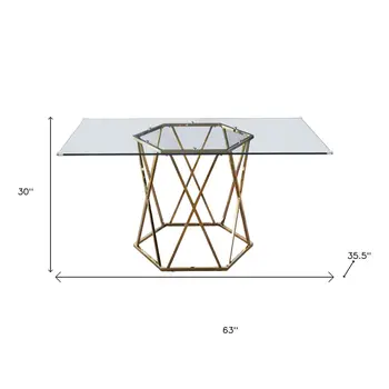 63" Clear and Gold Glass and Metal Geo Pedestal Base Dining Table