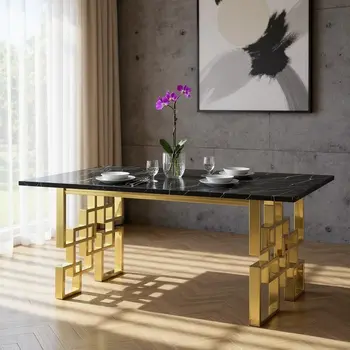 79" Black and Gold Marble and Metal Double Pedestal Base Dining Table