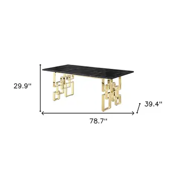 79" Black and Gold Marble and Metal Double Pedestal Base Dining Table