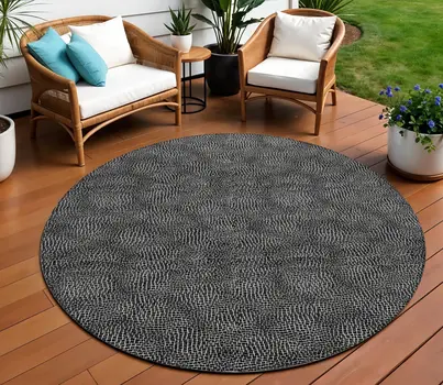 8' Black And Ivory Round Geometric Washable Indoor Outdoor Area Rug