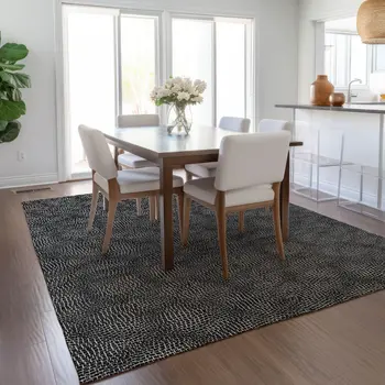 9' X 12' Black And Ivory Geometric Washable Indoor Outdoor Area Rug