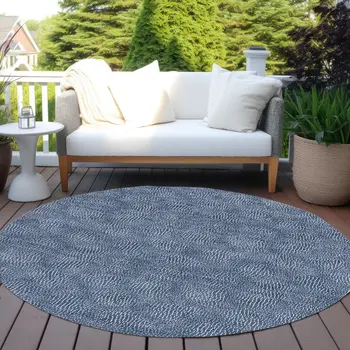 8' Navy Blue And Ivory Round Geometric Washable Indoor Outdoor Area Rug