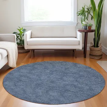 8' Navy Blue And Ivory Round Geometric Washable Indoor Outdoor Area Rug