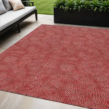 5' X 8' Red And Ivory Geometric Washable Indoor Outdoor Area Rug