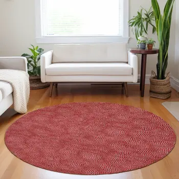8' Red And Ivory Round Geometric Washable Indoor Outdoor Area Rug