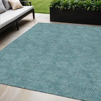 5' X 8' Teal Blue And Ivory Geometric Washable Indoor Outdoor Area Rug