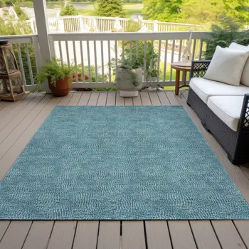 9' X 12' Teal Blue And Ivory Geometric Washable Indoor Outdoor Area Rug