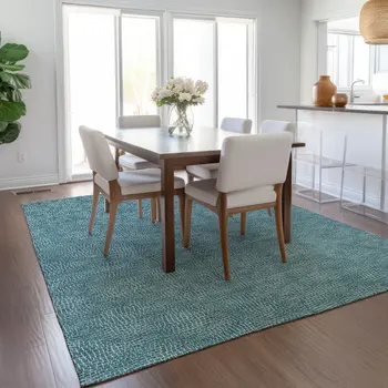 9' X 12' Teal Blue And Ivory Geometric Washable Indoor Outdoor Area Rug