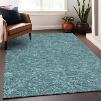 10' X 14' Teal Blue And Ivory Geometric Washable Indoor Outdoor Area Rug