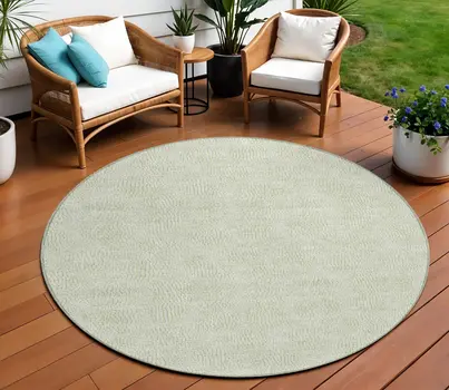 8' Artichoke Green And Ivory Round Geometric Washable Indoor Outdoor Area Rug