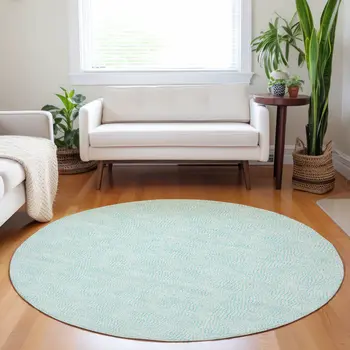 8' Aqua And Ivory Round Geometric Washable Indoor Outdoor Area Rug