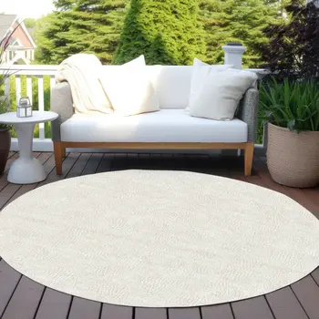 8' Beige And Brown Round Geometric Washable Indoor Outdoor Area Rug