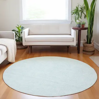 8' Sky Blue And Ivory Round Geometric Washable Indoor Outdoor Area Rug