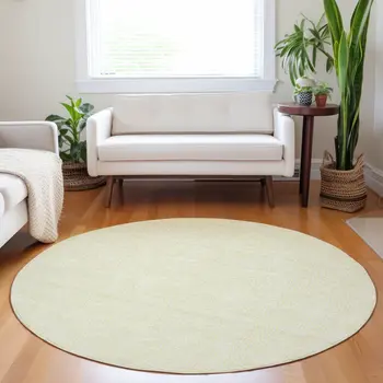8' Yellow And Beige Round Geometric Washable Indoor Outdoor Area Rug