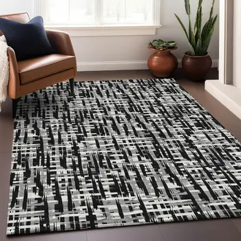 5' X 8' Black Gray And Ivory Abstract Washable Indoor Outdoor Area Rug