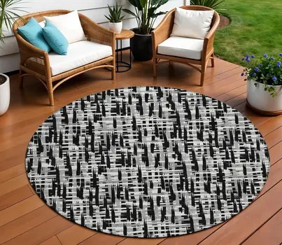 8' Black Gray And Ivory Round Abstract Washable Indoor Outdoor Area Rug