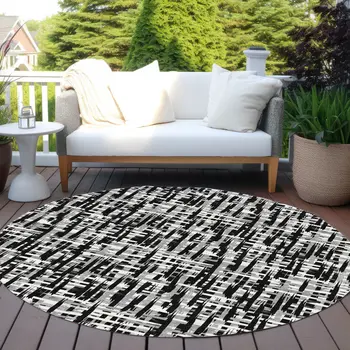 8' Black Gray And Ivory Round Abstract Washable Indoor Outdoor Area Rug