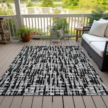 8' X 10' Black Gray And Ivory Abstract Washable Indoor Outdoor Area Rug