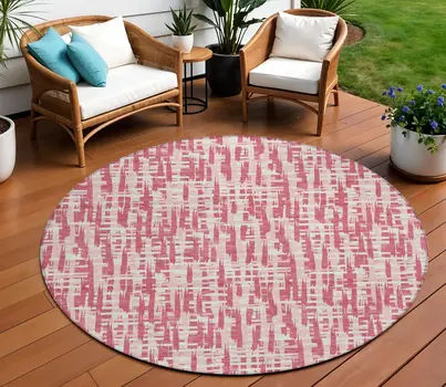 8' Blush Pink And Beige Round Abstract Washable Indoor Outdoor Area Rug