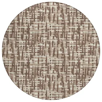 8' Brown Tan And Beige Round Abstract Washable Indoor Outdoor Area Rug