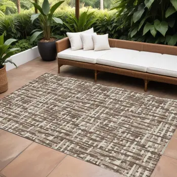 10' X 14' Brown Tan And Beige Abstract Washable Indoor Outdoor Area Rug