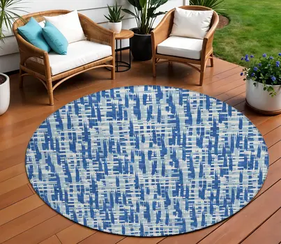 8' Blue And Ivory Round Abstract Washable Indoor Outdoor Area Rug