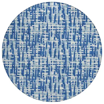 8' Blue And Ivory Round Abstract Washable Indoor Outdoor Area Rug