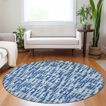 8' Blue And Ivory Round Abstract Washable Indoor Outdoor Area Rug