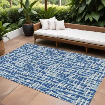 8' X 10' Blue And Ivory Abstract Washable Indoor Outdoor Area Rug