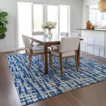 9' X 12' Blue And Ivory Abstract Washable Indoor Outdoor Area Rug