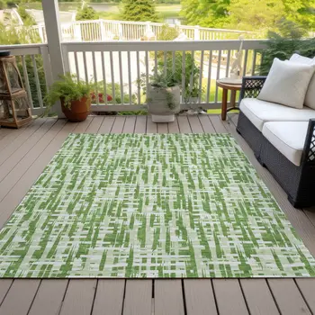9' X 12' Green And Ivory Abstract Washable Indoor Outdoor Area Rug