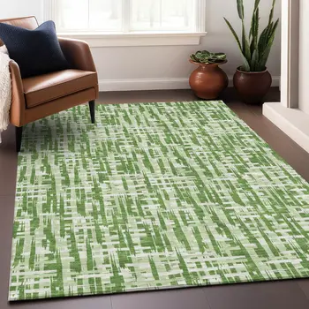 9' X 12' Green And Ivory Abstract Washable Indoor Outdoor Area Rug