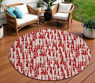 8' Red And Ivory Round Abstract Washable Indoor Outdoor Area Rug
