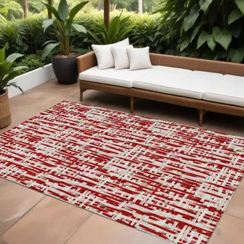 10' X 14' Red And Ivory Abstract Washable Indoor Outdoor Area Rug