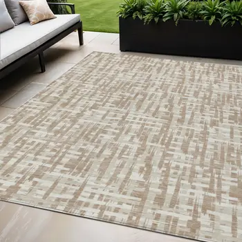 5' X 8' Tan And Beige Abstract Washable Indoor Outdoor Area Rug